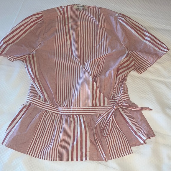 Madewell Tops - Madewell red white wrap around shirt blouse /small